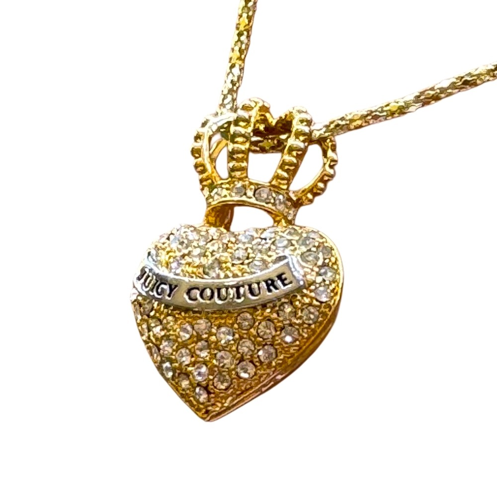 VTG Juicy Courture Gold Crystal Paved Diamanté Crowned Bubbly Heart Necklace